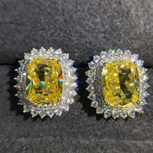 Load image into Gallery viewer, 3 Carat Yellow Cushion Cut Starburst Double Halo Moissanite Stud Earrings
