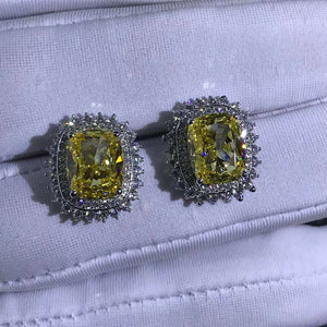 3 Carat Yellow Cushion Cut Starburst Double Halo Moissanite Stud Earrings