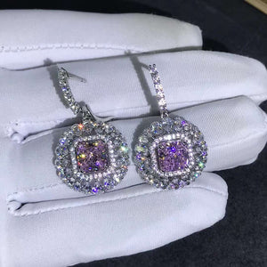 2 Carat Pink Radiant Double Halo Moissanite Latch Back Dangling Earrings