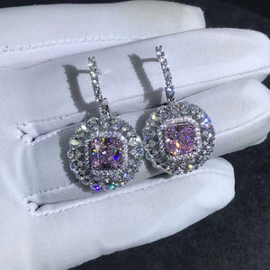 2 Carat Light Champaign Pink Radiant Double Halo Simulated Moissanite Latch Back Dangling Earrings