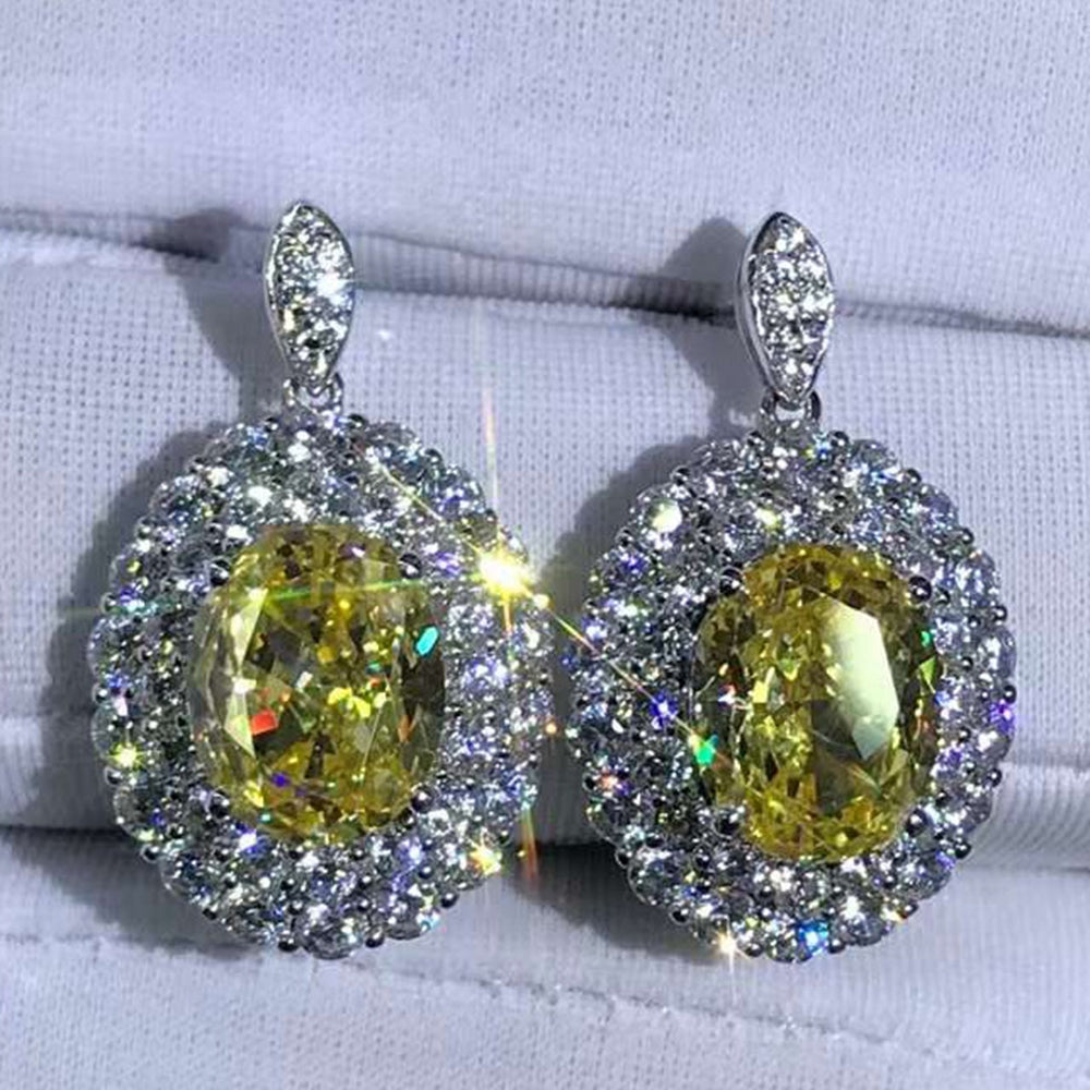 3 Carat Yellow Oval Cut Double Halo VVS Moissanite Drop Earrings