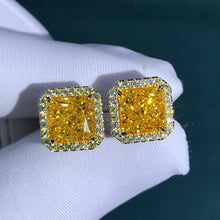 Load image into Gallery viewer, 2 Carat Yellow Square Radiant Cut Halo VVS Moissanite Stud Earrings