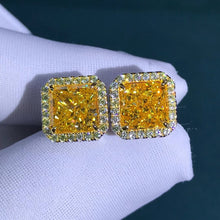 Load image into Gallery viewer, 2 Carat Yellow Square Radiant Cut Halo VVS Simulated Moissanite Stud Earrings