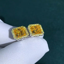 Load image into Gallery viewer, 2 Carat Yellow Square Radiant Cut Halo VVS Simulated Moissanite Stud Earrings