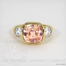 Load image into Gallery viewer, Custom 10 Carat Cushion Cut 14K Yellow Gold Three Stone VVS Lab Grown Padparadscha Ring