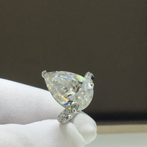 10 Carat Pear Cut Moissanite Ring 3 Prong French Pave Cathedral Certified VVS D Color