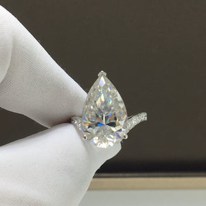 10 Carat D Color Pear Cut 3 Prong French Pave Cathedral Certified VVS Moissanite Ring