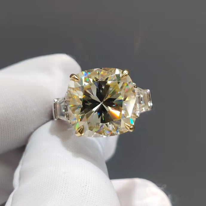 7 Carat Cushion Cut Moissanite Ring K-M Color Three Stone Basket Tapered Shank