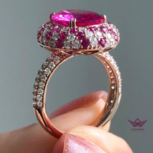 Load image into Gallery viewer, Oval Cut Pink Color Double edge Tripple Halo Tulip Set Moissanite Ring