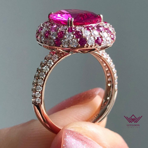 Oval Cut Pink Color Double edge Tripple Halo Tulip Set Moissanite Ring