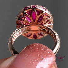 Load image into Gallery viewer, Oval Cut Pink Color Double edge Tripple Halo Tulip Set Moissanite Ring
