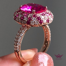 Load image into Gallery viewer, Oval Cut Pink Color Double edge Tripple Halo Tulip Set Moissanite Ring