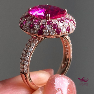 Oval Cut Pink Color Double edge Tripple Halo Tulip Set Moissanite Ring