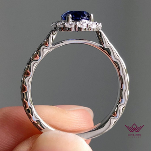 Oval Cut Halo Bead Set Blue Lab Sapphire Ring
