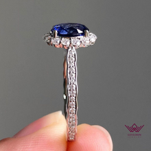 Load image into Gallery viewer, Oval Cut Halo Bead Set Blue Lab Sapphire Ring