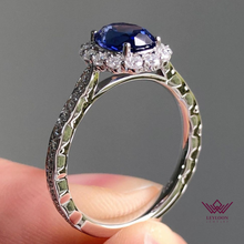 Load image into Gallery viewer, Oval Cut Halo Bead Set Blue Lab Sapphire Ring