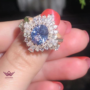 Oval Cut Blue Color Starburst Moissanite Ring and Band