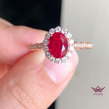 Load image into Gallery viewer, Red Oval Cut Halo VVS Lab Ruby Ring