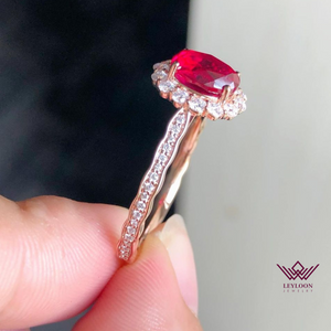 Red Oval Cut Halo VVS Lab Ruby Ring
