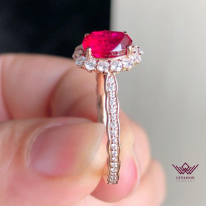 Red Oval Cut Halo VVS Lab Ruby Ring