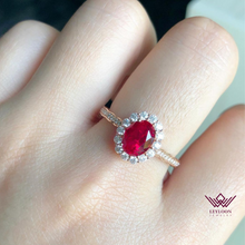 Load image into Gallery viewer, Red Oval Cut Halo VVS Lab Ruby Ring