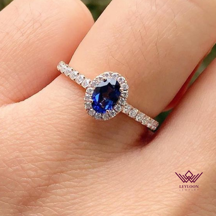 Oval Cut Halo Cathedral Blue Color VVS Lab Grown Sapphire Ring