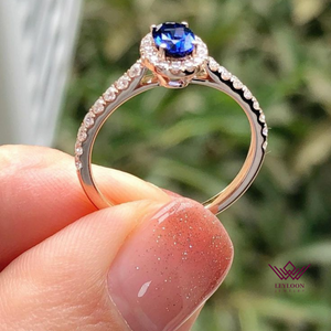 Oval Cut Halo Cathedral Blue Color VVS Lab Grown Sapphire Ring
