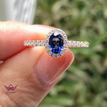 Load image into Gallery viewer, Oval Cut Halo Cathedral Blue Color VVS Lab Grown Sapphire Ring