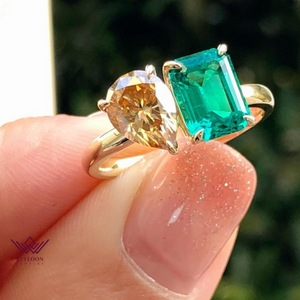 Two-Stone Deep Champagne Pear Cut Zambian Emerald Cut Ring