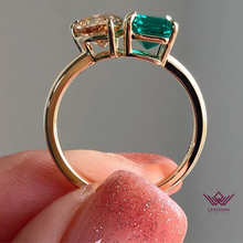 Load image into Gallery viewer, Two-Stone Deep Champagne Pear Cut Zambian Emerald Cut Ring