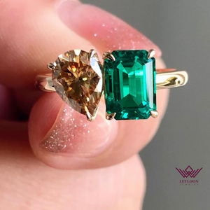 Two-Stone Deep Champagne Pear Cut Zambian Emerald Cut Ring