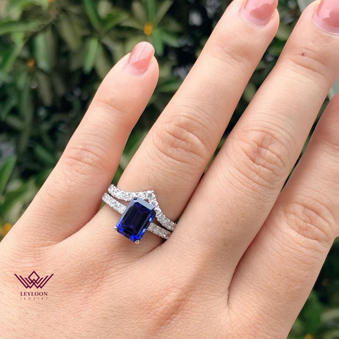 Oval Cut Royal Blue Three Stone Basket French Pave Lab Grown Sapphire Ring and Band