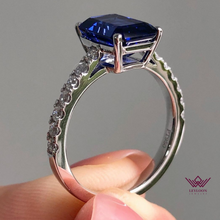 Load image into Gallery viewer, Oval Cut Royal Blue Three Stone Basket French Pave Lab Grown Sapphire Ring and Band