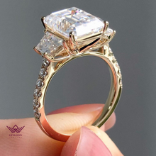 Load image into Gallery viewer, Emerald Cut Three-Stone French Pave D Color Basket Moissanite Ring