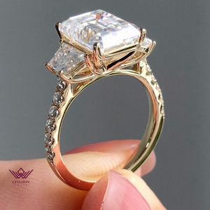 Emerald Cut Three-Stone French Pave D Color Basket Moissanite Ring