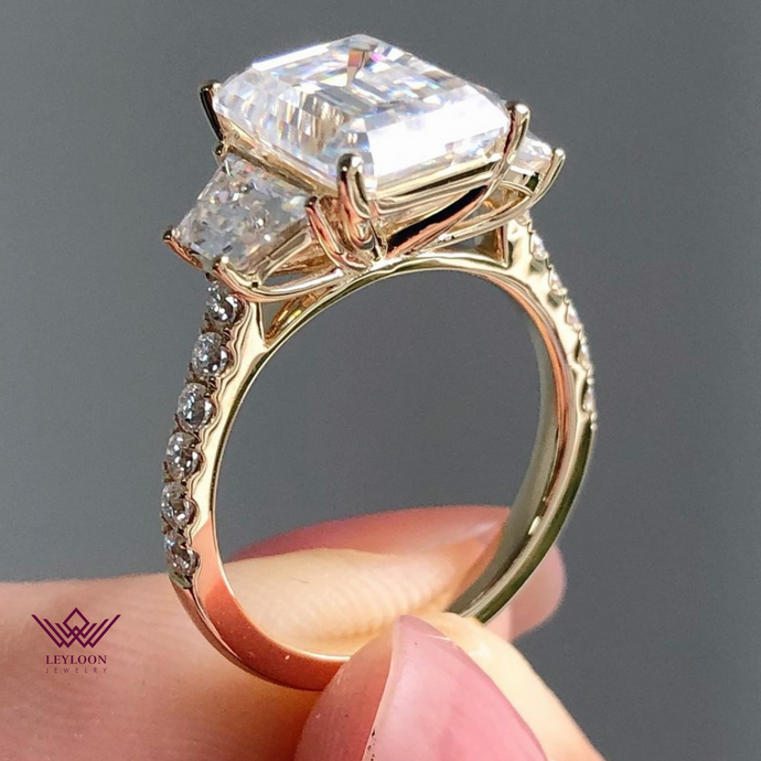 Emerald Cut Three-Stone French Pave D Color Basket Moissanite Ring