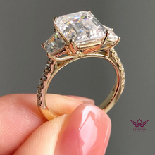 Load image into Gallery viewer, Emerald Cut Three-Stone French Pave D Color Basket Moissanite Ring