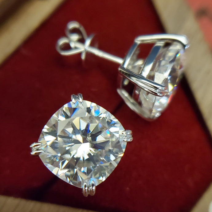 10mm X 2 Cushion cut Stud Moissanite Earrings Solitaire D Color VVS1 Double Claws