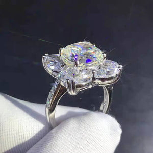5 Carat K-M Colorless Cushion Marquise Cut 9 Stone Flower Halo Bead-set Simulated Sapphire Ring