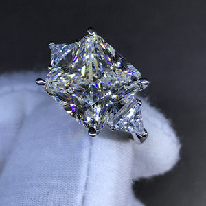 6 Carat Square Radiant Cut Moissanite Ring 4 Claw Three Stone VVS K-M Colorless