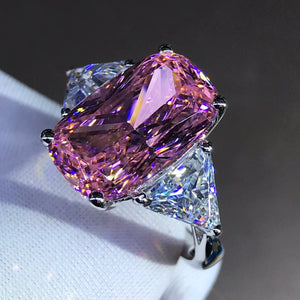 8 Carat Pink Elongated Cushion Cut Three Stone Reverse Tapered Moissanite Ring