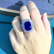 Load image into Gallery viewer, Bold 10 Carat Cushion cut Lab Sapphire Halo Ring
