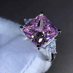 6 Carat Pink Square Radiant Cut 4 Claw Three Stone Cathedral Moissanite Ring