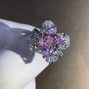 5 Carat Pink Cushion Marquise Cut 9 Stone Flower Halo Bead-set Moissanite Ring