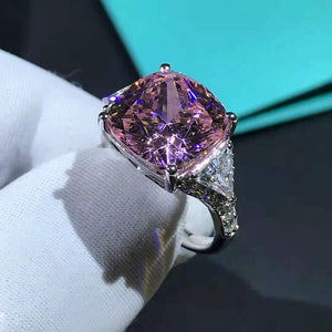 6 Carat Pink Cushion Cut Three Stone Cathedral Bead-set VVS Moissanite Ring