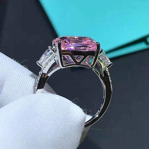 6 Carat Pink Cushion Cut Three Stone Cathedral Bead-set VVS Moissanite Ring