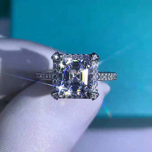 2 Carat Asscher Cut Moissanite Ring 4 Claw Halo Bead-set Shank VVS K-M Colorless