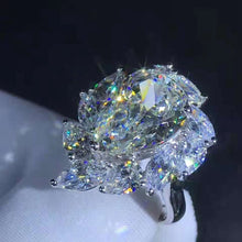 Load image into Gallery viewer, 6 Carat K-M Colorless Pear Cut 11 Stone Halo Cathedral VVS Simulated Sapphire Ring