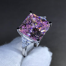 Load image into Gallery viewer, 6 Carat Pink Square Radiant Cut 4 Claw Three Stone Cathedral Moissanite Ring