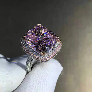 10 Carat Pink Cushion Two-tone Double Edge Halo Pave Wrap Moissanite Ring